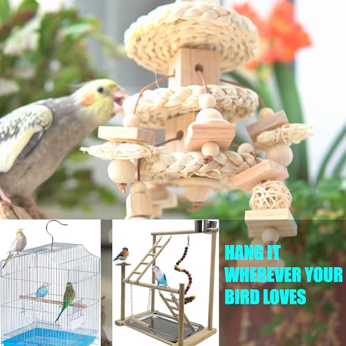 Natural Bird Toys for Quaker Parrot, Lovebird, Parakeet, Cockatiel & Conure – for Chewing, Shredding & Foraging, Corn Husk, Wood & Vine with Leather Cord for Small & Medium Birds - style: Corn Husk