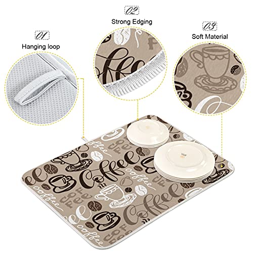 Brown Coffee Dish Drying Mat - 16 x 18 Inch Reversible Microfiber Kitchen Mat with High Absorbency - color: coffee theme, size: 16" x 18"
