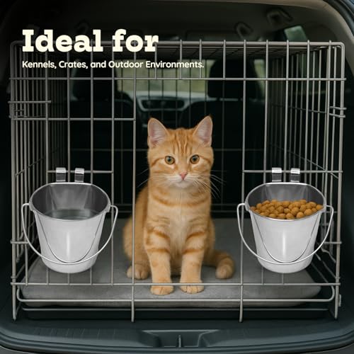 2 Quart Stainless Steel Flat Sided Bucket with Dual Hooks | 2 Pcs Durable Food & Water Bowl for Dog Cats Bird & Small Animals | Fits kennel Cage Crates Hanging Pet Pail | Multipurpose use - size: 2 Quart (Pack of 2)