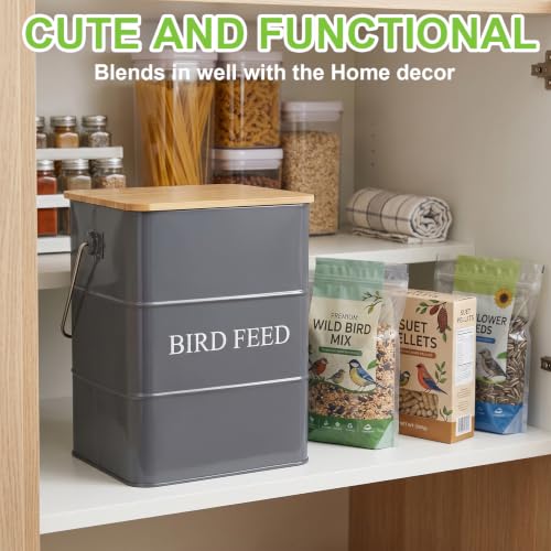 Metal Bird Seeds storage container,Outdoor Bird Container Canister, Pet Food Bin with Wooden Lid/Handle/Food scoop,hold 5-6 Lbs of Wild Bird Seed Sunflower Seed-Preventing Squirrels-Gray - color: Gray