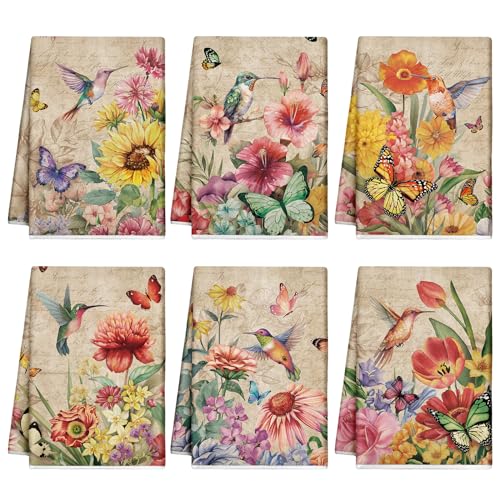 Patelai 6 Pcs Vintage Flowers Kitchen Towels Butterfly Hummingbirds Spring Dish Hand Towels Summer Bird Absorbent Washcloth for Farmhouse Rustic Kitchen Cooking Home Housewarming Gifts 21.26 x 14.17'' - color: Bright Color, style: Hummingbird