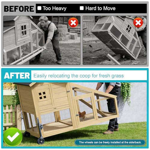 Chicken Coop Wheels Kit, 2 Pack Caster Wheels with Lift System & Pull Handles, Easy Move Your Chicken Cage, Chicken Tractor & Poultry House, Portable Chicken Coop Accessories