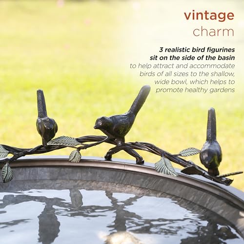 Alpine Corporation Vintage Metal Birdbath with Twigs and Bird Figurines - Iron Outdoor Decor for Garden, Patio, Deck, Porch - color: Silver