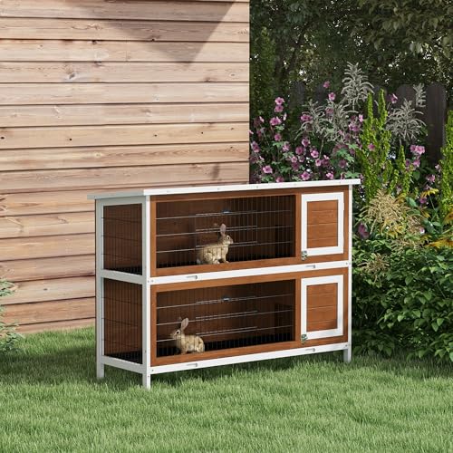 PawHut 54" 2-Story Large Rabbit Hutch Bunny Cage, Lockable Doors Brown | Wooden Pet House, Small Animal Habitat, No Leak Tray, Waterproof Roof, for Chickens Ducks, Outdoor/Indoor - color: Coffee Brown