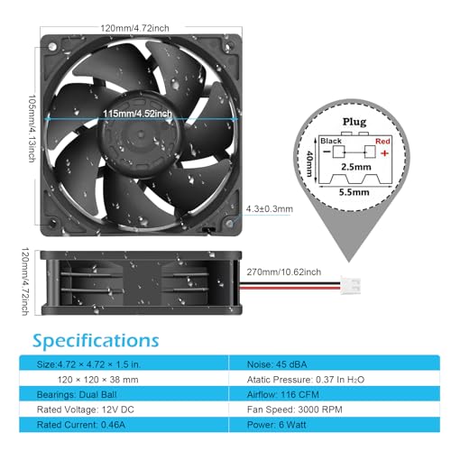 Wathai 120mm x 38mm 12V DC IP68 Waterproof Exhaust Fan Dual Ball 116CFM | Dual Ball Bearing, 3000 RPM, 6W, 2Pin for RV Refrigerator, Amplifier, Outdoor Equipment, Camper - style: IP68 120x38mm