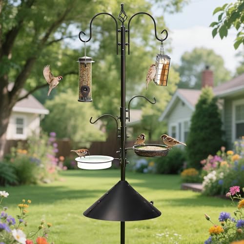 ERYTLLY Bird Feeders Bird Feeding Station Kit Bird Feeding Pole Wild Bird Feeder Hanging Kit with Squirrel Guard Baffle Suet Cage Tube Bird Feeder Planter Hanger Multi Feeder for Attracting Wild Birds - size: 91 Inch with squirrel baffle