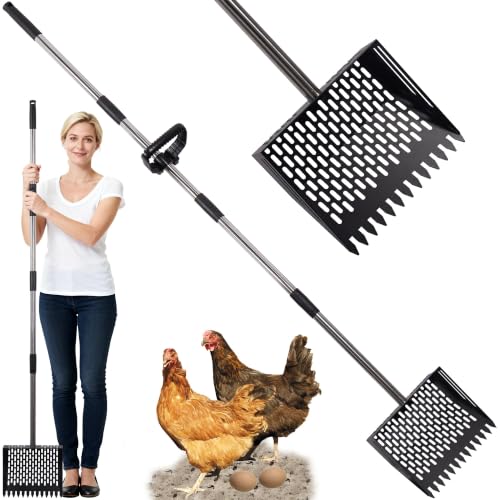 Oture Chicken Poop Scooper & Rake 2-in-1, Metal Chicken Coop Scoop Shovel for Poop, 24 to 66'' Adjustable Handle Litter Scooper Sand Sifting Shovel for Coops/Goat Stall/Farm Animals