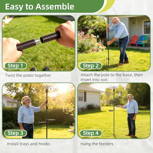 94" Bird Feeding Station Kit with Multiple Hooks, Heavy Duty Metal Bird Feeding Station with Seed Tray & Mesh Basket, Easy Assembly Ground Mounted Bird Feeder Pole for Garden Yard Outdoor - size: 94"Bird Feeding Station