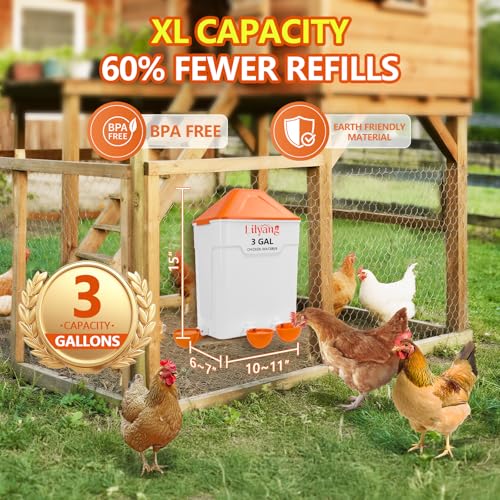 Lilyang Chicken Feeder and Waterer Set 3 Gallon, End Coop Mess | Anti-Spill Ports (3.5") & Stay-Clean Cups (2.75"), Automatic No-Waste Poultry Feeder, No-Tools Assembly - color: Tangerine