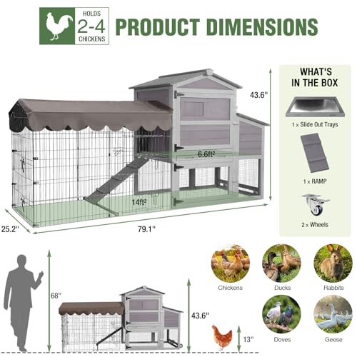 Large Mobile Chicken Coop with Run, 79" Outdoor Wooden Poultry Cage on Wheels, All-Steel Frame Hen House, Waterproof Roof, Nesting Box, for 4-6 Chickens - color: Grey (AIR7008)