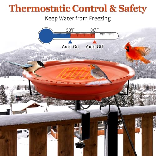 Lovppy Heated Bird Baths for Outdoors for Winter, 100W Heated Bird Bath Water Heater with Thermostatically Controlled, Heated Bird Bath for Deck Railing Outside Garden Patio Yard (Brown) - color: Brown