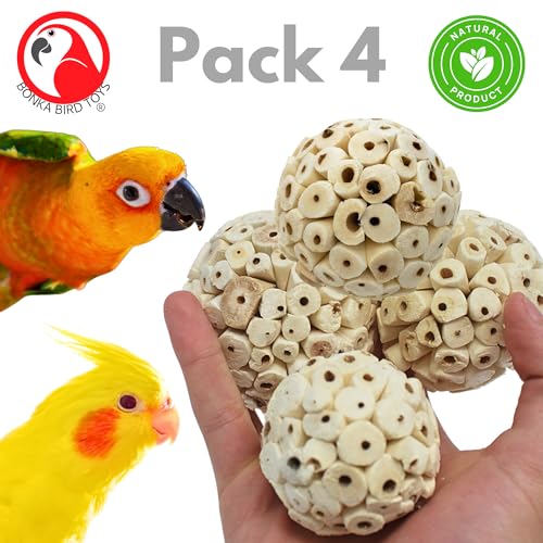Bonka Bird Toys 2354 Pk4 Small Sola Atta Ball, 1.75"-2" Diameter, Soft Natural Sola Plant Material, Ideal Chew and Foot Toy for Conures, Ringnecks, Parakeets and Similar Breed Sizes - size: Pack 4