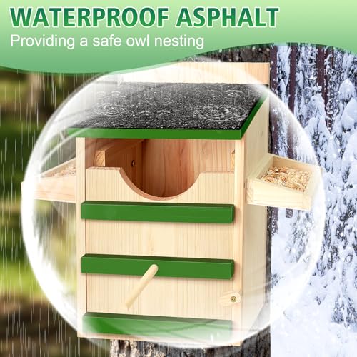 Owl House, Screech Wooden Owl Nesting Box, Weatherproof Design with Bird Stand, Large Opening, Mounting Screws, and Wood Shavings for Outside Backyard