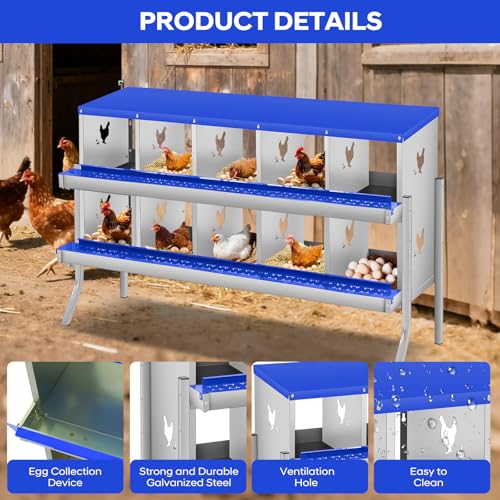 GarveeLife Chicken Nesting Box, 10 Compartments Nesting Box for Chickens, Two-Tier Galvanized Steel Chicken Egg Laying Box with Large Vented Holes Wall Mounting for Easy Egg Collection - color: Blue | 10 Compartments