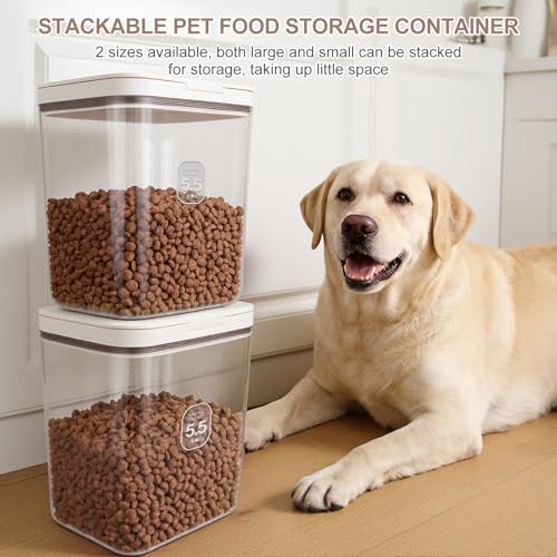 LEAWALK 5-7Lbs/5.81Qt/5.5L Airtight Dog Cat Food Storage Container and Pet Storage Bin BPA-Free. PET Clear Stackable Dog Treat Containers for Pet Food/Rice/Dry/Cereals/Flour/Sugar/Bread - color: White-5.5L-C
