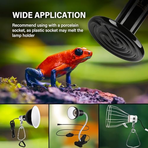 HealSmart Reptile Heat Lamp 100W 2-Pack Ceramic Heat Emitter, No Light Emitting Heat Bulbs for Amphibian Pet Brooder Coop Incubating Chicken, Lizard Bearded Dragon Turtle Snake Terrarium, Black - size: 100 Watts, style: D-85mm (3.35")