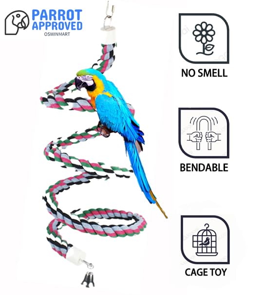 65inch Cotton Bendable Rope(Plus 1 Set 3 Steel Bells) Perch Swing Bird Chew Toys Amazon Parrots Cage Toys with Bell Swing Climbing Standing Bungee Bird Toys for Large to Regular Size Birds - size: 65 inches (1 piece)
