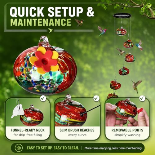 Humming Bird Feeders for Outdoors, Ant Proof Hummingbird Feeder, Weather Resistant Hummingbird Feeder Glass, No Leak Humming Bird Feeder Glasses, Bebedero para Colibri, 6 Hand-Blown Glass Ports