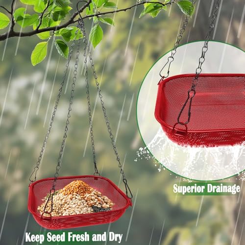 Hanging Platform Bird Feeder, 11 in Square, Red | Stainless Steel Mesh Seed Tray, Backyard & Patio, Outdoor Use - color: Red - Square