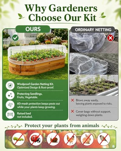 Garden Netting Kit for Raised Beds, 4.9 x 2.3 FT Fine Mesh Plant Cover with Support Stakes & 8 Clips, Wind-Resistant Insect Bird Barrier for Seedlings, Vegetables, Fruits & Patio Planters - size: 4.9×2.3 FT-Oval Shape