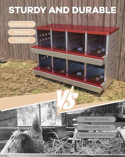 Chicken Nesting Box, 8 Compartment Metal Nesting Box, Wall Mountable Nesting Boxes with Swing Perch and Roll Away Egg Collection, Vented Holes, 8 Training Eggs Included, Red - color: Red