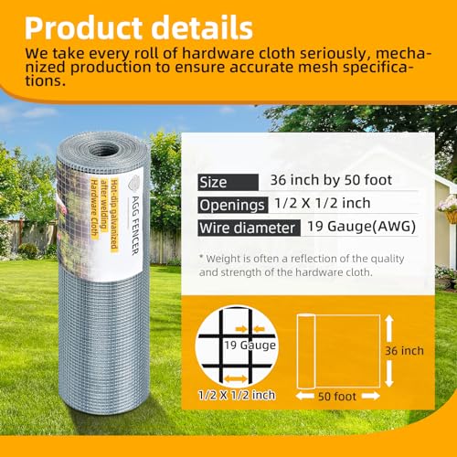 36inch x 50ft Hardware Cloth 1/2 inch Chicken Wire Fencing 19Ga | Hot Dipped Galvanized After Welding Garden Plant Supports Welded Metal Chicken Wire Fence Poultry Animal Netting Cage Screen - size: 1/2in 36in x 50ft