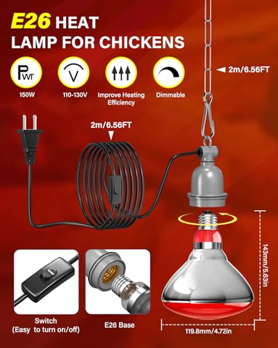 Heat Lamp Bulbs for Chickens Coop Brooder with Plug in Cord,On/Off Switch,150 Watt E26 Reptile Heat Lamp Bulb Infrared Red Light for Chicks,Birds,Ducks,Dogs,Cats