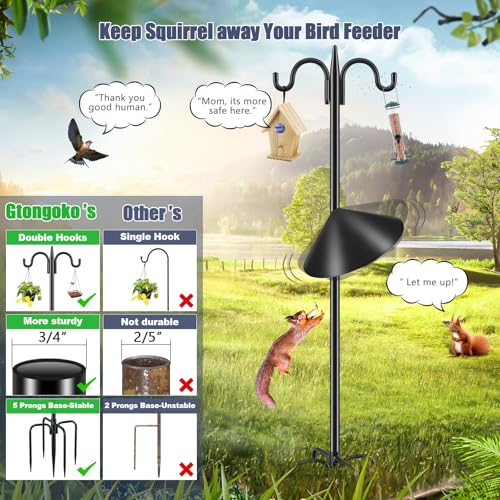 Gtongoko Squirrel Proof Bird Feeder Pole, 92 Inch Double Shepherds Hook with 19 Inch Squirrel Baffle, Heavy Duty Adjustable Outdoor Bird Feeder Stand with 5-Prong Base for Garden, Plants, Black - size: 92 Inch Pole & Baffle