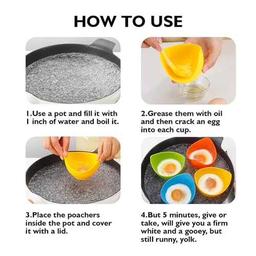 4pcs Silicone Egg Poacher Cups with BONUS Oil Brush, Nonstick Egg Poaching Cups for Air Fryer, Baking oven or Stovetop Egg Cooking, BPA Free.