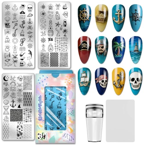 PH PandaHall 3pcs Nautical Treasure Nail Stamping Plate Anchor Lighthouse Nail Arts Stencils Pirate Nails Stamper Ocean Life Nail Image Plates for Ocean Lover Women Manicure Salon Design Print - style: Nautical Treasure