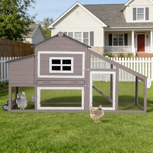 Large Chicken Coop with Run, Mobile Chicken Tractor with Wheels, Wooden Hen House with Waterproof Roof, Nesting Box and Pull-Out Tray, Poultry Cage for 4 Chickens, Rabbit/Bunny Hutch (Brown) - color: Brown