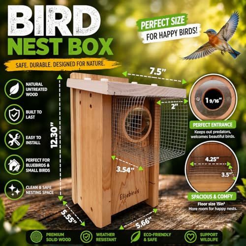 Premium Cedar Bluebird House for Outside - Wooden Bird Box with White Painted Roof & Noel Guard Predator Protection - Durable Birdhouses for Outdoors & Blue Bird Nesting