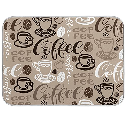 Brown Coffee Dish Drying Mat - 16 x 18 Inch Reversible Microfiber Kitchen Mat with High Absorbency - color: coffee theme, size: 16" x 18"