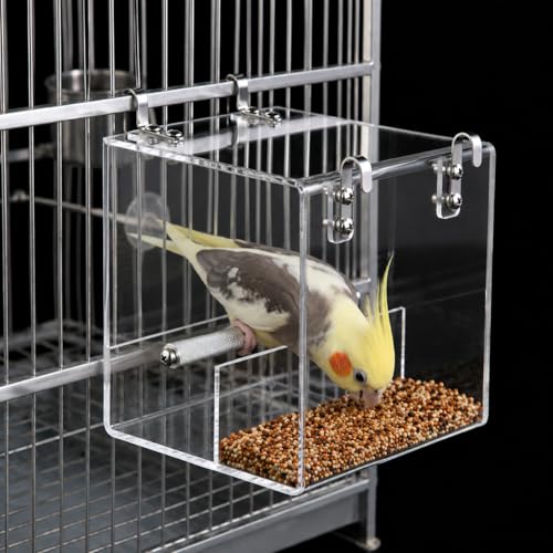 Pawfly No Mess Bird Feeder, Clear Acrylic Bird Cage Feeder, Hanging Bird Feeder for Cage, Parakeet Feeder, Bird Seed Catcher, Food Container for Parrot, Cockatiel, Budgie & Lovebird, Small - size: Small