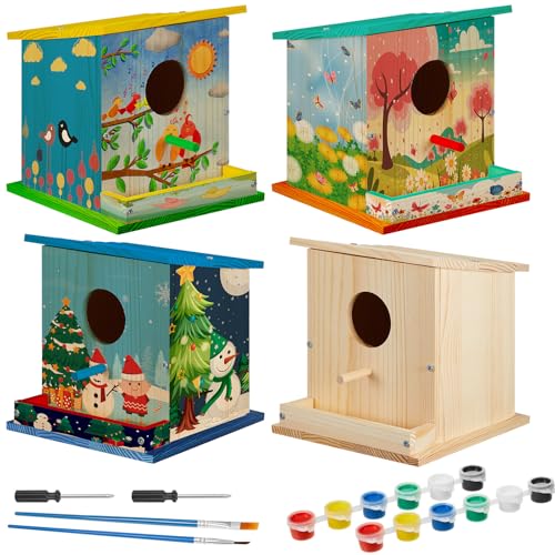 Liliful 4 Pack Bird House Kits for Kids, Wooden DIY Birdhouse Kit to Build and Paint, Birdhouse Craft Kit, Classroom Arts and Crafts Gift for Kids Ages 4-8 8-12 Boys Girls (Single Style) - color: Single Style