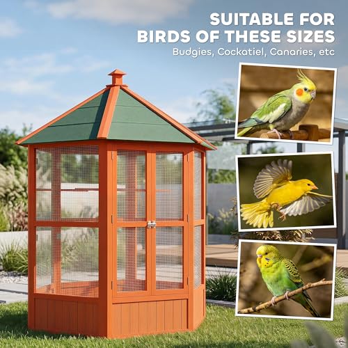 PawHut 44" Hexagon Covered Canopy Bird Cage with Stand Orange | Portable Aviary Flight Cage for Cockatiels, Conures, Lovebirds, Budgies & Small Birds