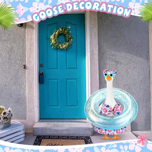 Bikini Porch Goose Outfits with Sunglasses and Swimming Tube for 23" Summer Goose Costume Garden Patio Statue Decor(Blue Monstera Leaf) - style: Blue Monstera Leaf