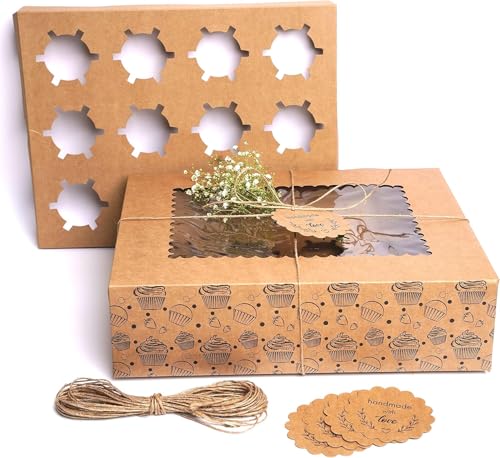 20-Pack Cupcake Boxes Bulk, Cupcake Holder with Lid, Disposable Cupcake Containers,Food Grade Kraft Bakery Boxes with Window to Fit 12 Cupcakes, Cookies,Muffins,Pastry, Long Treats