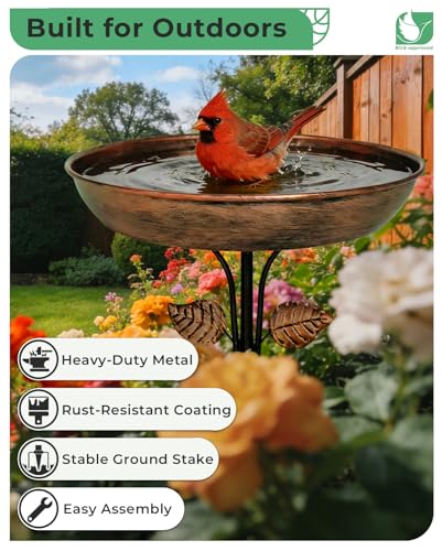 12" Bird Bath for Outside with Stake, Metal Garden Birdbath | 0.7 Gal Capacity, 2" Shallow Bowl, Rust Resistant Metal, Easy Cleaning, Garden Yard Patio Decor