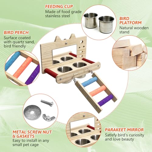 Tfwadmx Bird Food Stainless Steel Cups Wooden Perch Stand with Ladder Hanging Feeder Bowls Feeding and Watering Supplies for Parakeets Conures Cockatiels Budgie Parrot - size: Style 2
