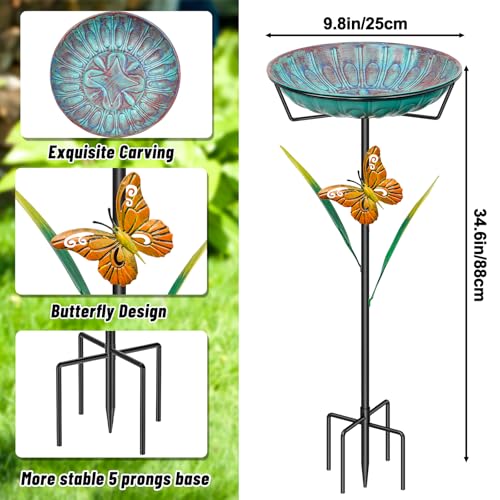 Metal Bird Bath for Outside, 35In Freestanding Birdbath with 5-Pronged Sturdy Base, Removable Easy Clean Birdfeeder Bowl with Butterfly & Leaf for Outdoors Garden Patio Yard Lawn Decor(Blue)
