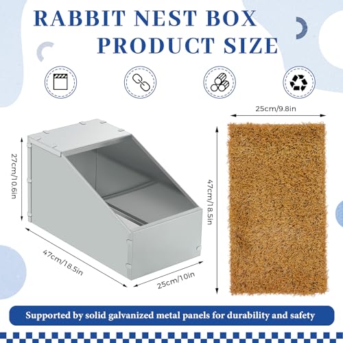 Maxcheck Galvanized Metal Rabbit Nesting Box, 18.5*10.6*10 in with 2 Pcs Grass Mats, Bunny Small Animal Nest with Removable Acrylic Floor for Breeding, Durable, Easy to Clean for Indoor/Outdoor Use