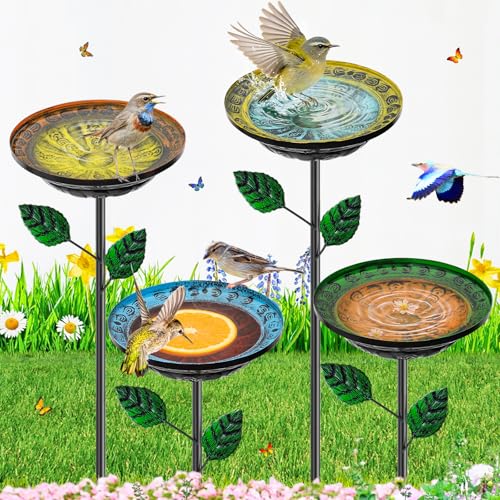 4 PCS Metal Bird Baths for Outdoors, Small Garden Bird Bath with Metal Stake, Hummingbird Feeder for Yard Lawn Decoration (Retro Double Color Splicing) - color: 4P - Retro Double Color Splicing