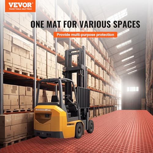 VEVOR Garage Floor Tiles 12 x 12 x 0.53 inch, Interlocking Design Ease of Installation Double-Sided Texture Non-Slip Sturdiness, for Garages, Basements, Repair Shops, Red, 50 Pack | Easy Installation, Double-Sided Texture Non-Slip Sturdiness, Polypropylen