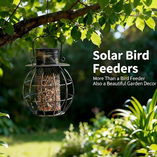 Squirrel-Proof Solar Bird Feeder, Retro Lantern Shape Rustproof(Bronze) | Easy-Fill Tray with Solar Light, Metal Outdoor Decor for Garden Patio Yard Lantern Bird Feeder - color: Bronze