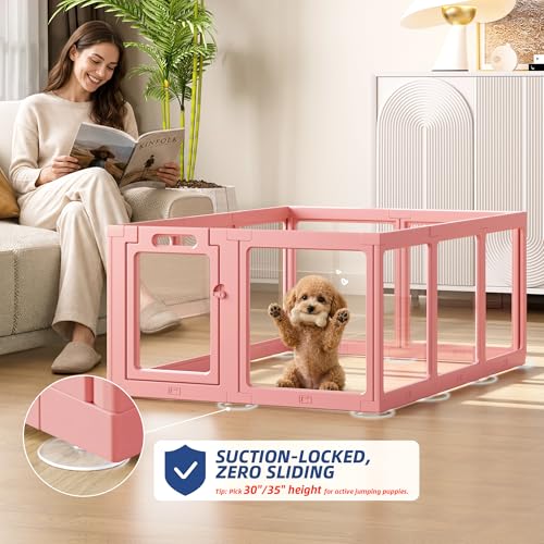 Clear Acrylic Dog Playpen Indoor, Puppy Cat Small Pet Play Pen, Pet Cat Playpen for Rabbits, Dog Fence Crate Kennel Whelping Cage (Pink, 10 Panel) - color: Pink, size: 24"H