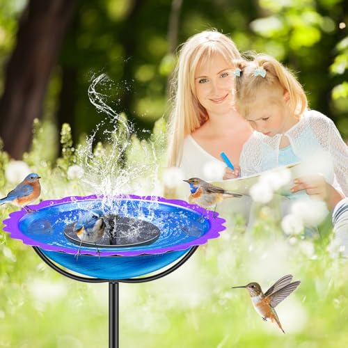 Metal Bird Bath for Outside, Garden Birdbath Bowl Freestanding Bird Feeders for Outdoors with 4 Prongs Base Stake, Standing Birdfeeders for Yard Lawn Decor (Blue Purple) - color: Blue Purple