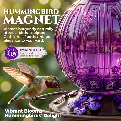2 Pack Glass Hummingbird Feeder for Outdoors Hanging, Bird Nectar Feeder with Perch & 5 Flower Feeding Ports, 26 Oz Leak Proof for Outside Garden Decor Backyard, Gifts for Women Mom, Purple - color: Purple + Purple