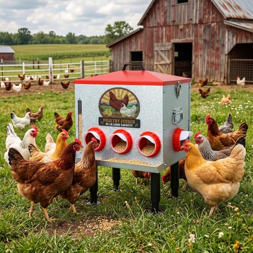 55LB Automatic Chicken Feeder Large for Chickens, Ducks and Poultry | Large Poultry Feeder, with 8 Feeding Ports, Viewing Window, Rainproof Lid, Adjustable Legs & Locking Cover