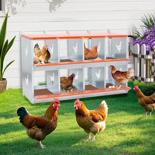 8-Bay Metal Nest Box for Chickens Wall Mount, Galvanized Steel Hen Nesting Box with Vent Holes, Easy to Clean & Assemble, Includes Coconut Fiber Pad, Orange/Silver - size: 42.5” L x 17” W x 25” H